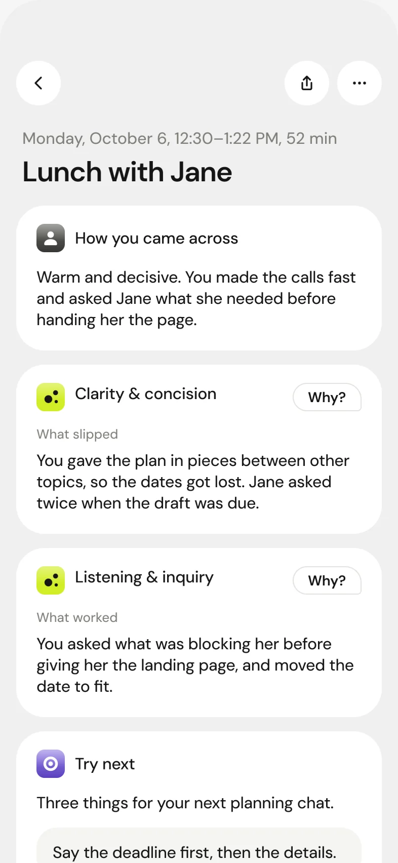 A conversation page, “Lunch with Jane”, 52 minutes: a summary, then insights. How you came across: warm and decisive. What slipped, under clarity: you gave the plan in pieces. What worked, under listening: you asked what was blocking her first.