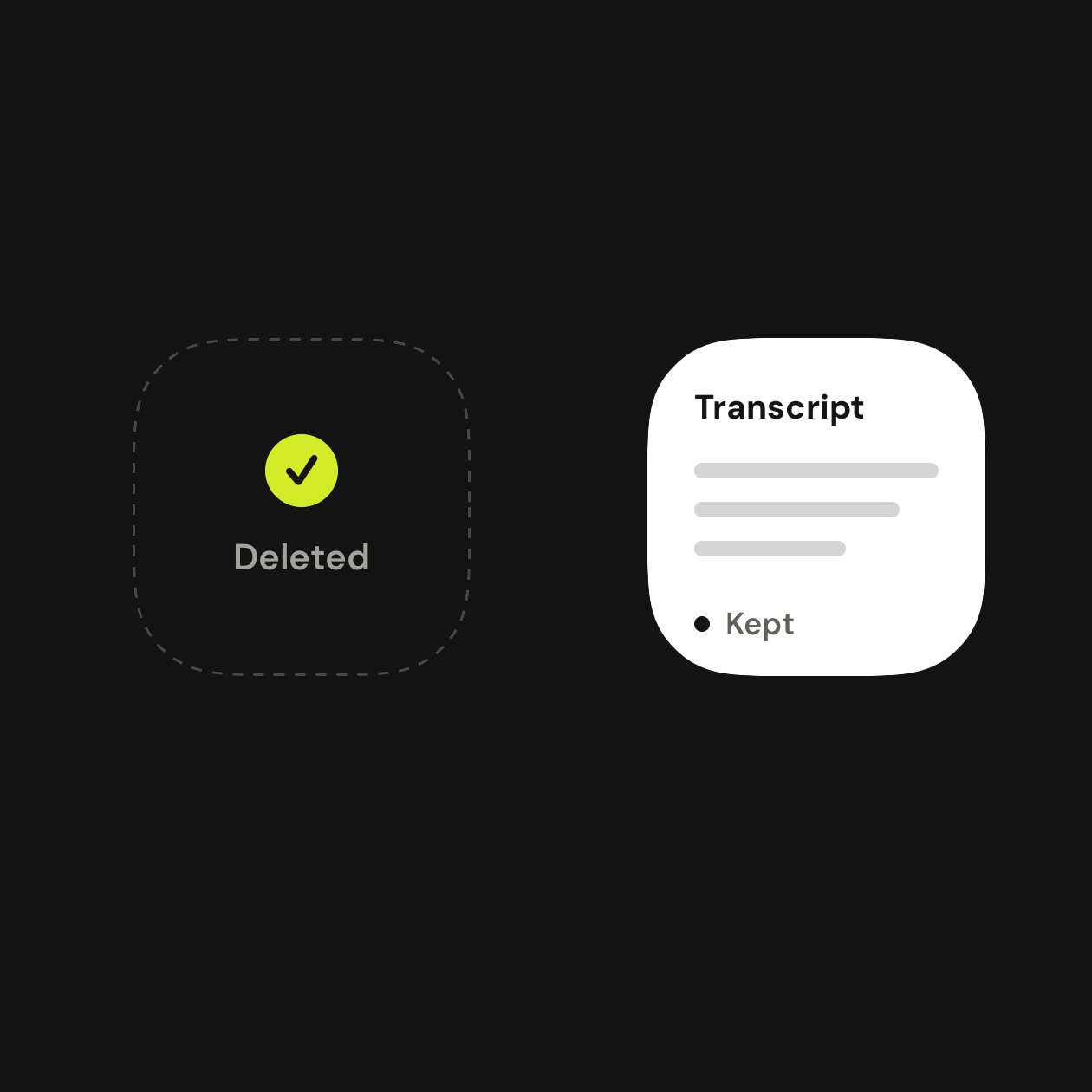 An audio recording marked deleted, alongside a transcript marked kept.