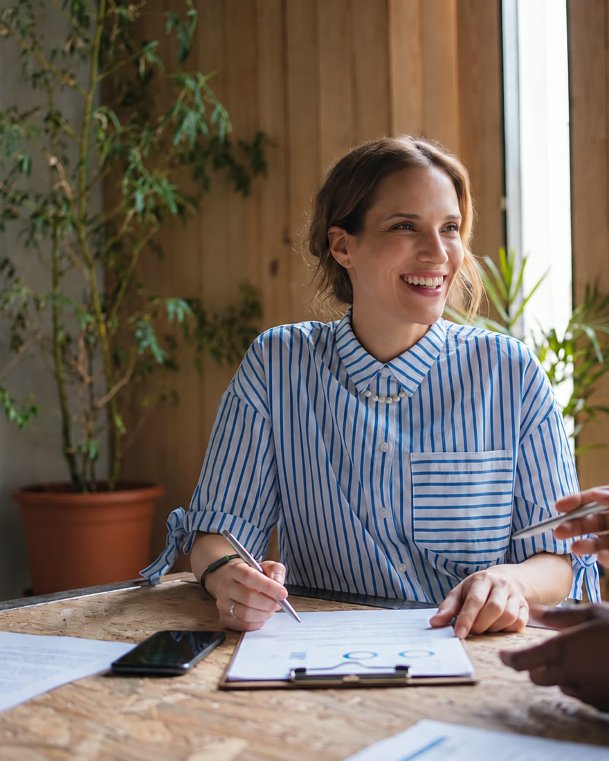 A woman laughing across a café table during a meeting, papers and pens between her and a colleague