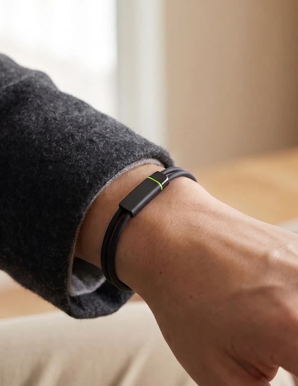 The black Larkin band with its lime ring on a wrist, a grey wool sleeve pulled back