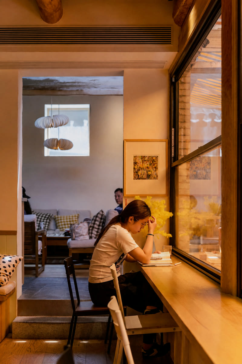 A woman at a café window counter, head in her hand over an open notebook, the black Larkin band on her wrist